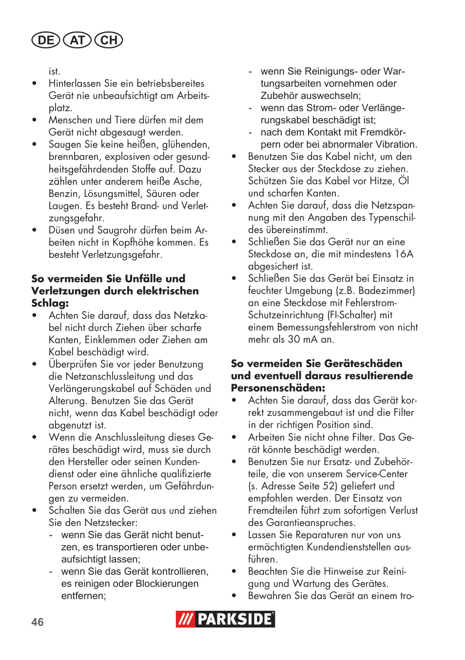 De at ch | Parkside PNTS 1400 B1 User Manual | Page 46 / 60