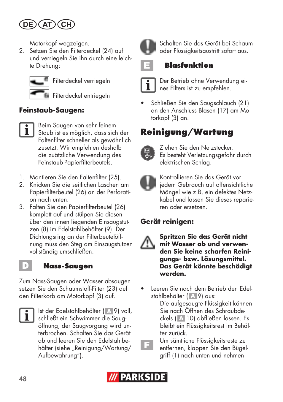 Reinigung/wartung, De at ch | Parkside PNTS 1400 B1 User Manual | Page 48 / 60