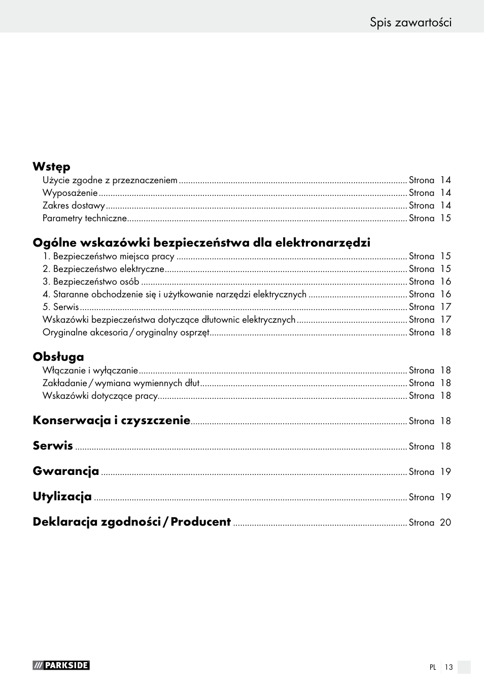 Spis zawartości | Parkside PSG 50 B2 User Manual | Page 13 / 45