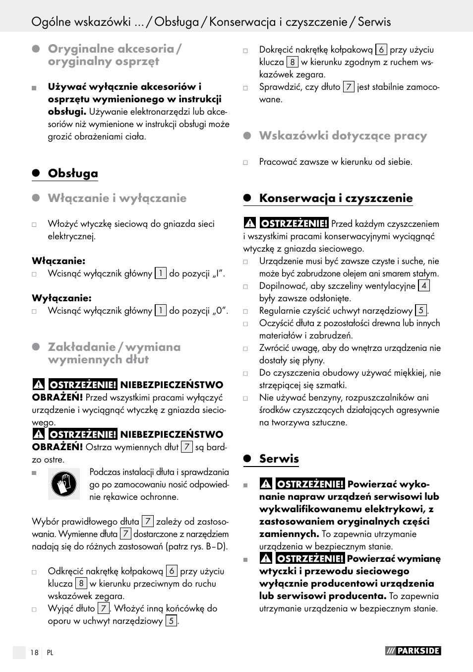 Oryginalne akcesoria / oryginalny osprzęt, Obsługa, Włączanie i wyłączanie | Zakładanie / wymiana wymiennych dłut, Wskazówki dotyczące pracy, Konserwacja i czyszczenie, Serwis | Parkside PSG 50 B2 User Manual | Page 18 / 45