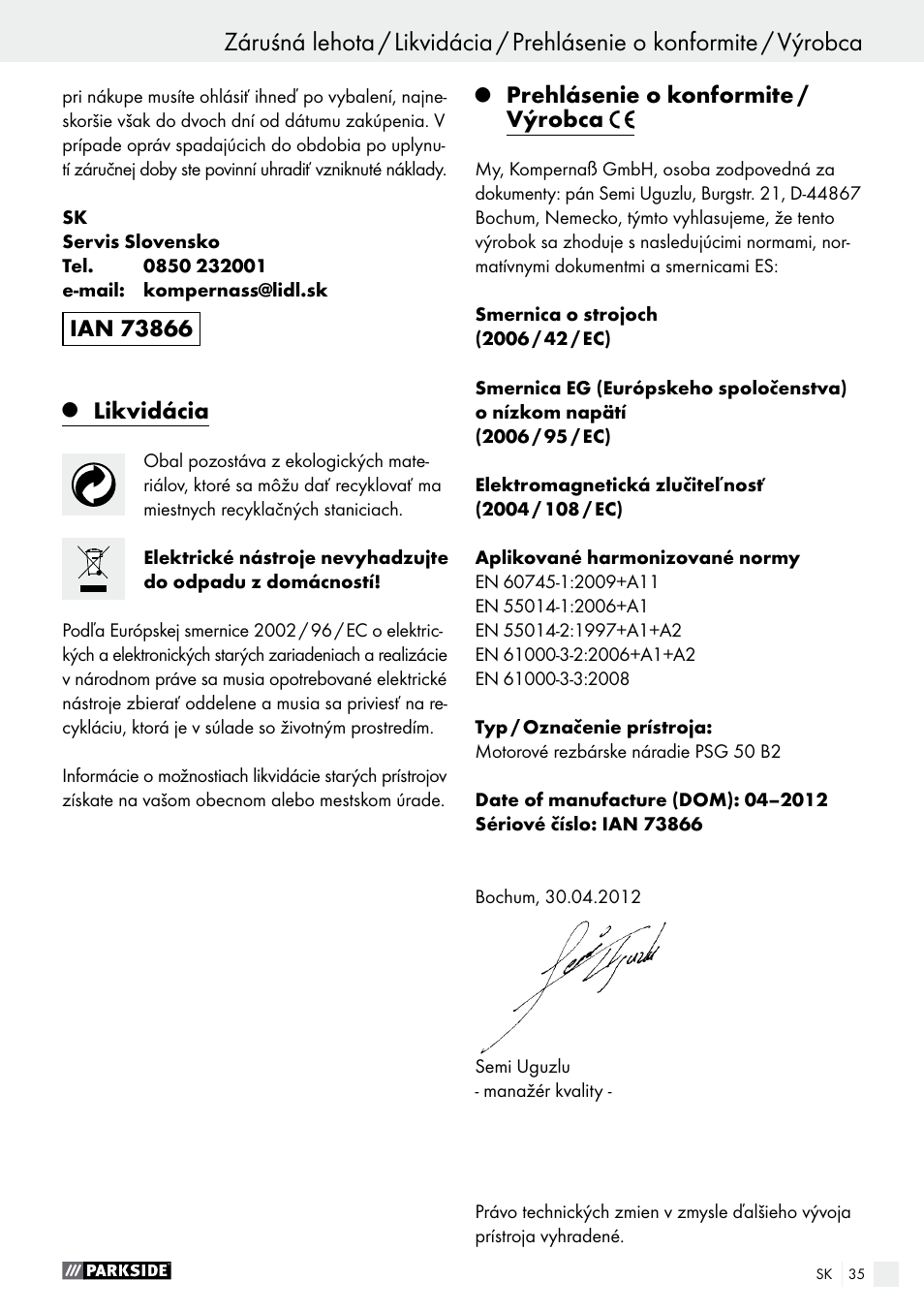 Likvidácia, Prehlásenie o konformite / výrobca | Parkside PSG 50 B2 User Manual | Page 35 / 45