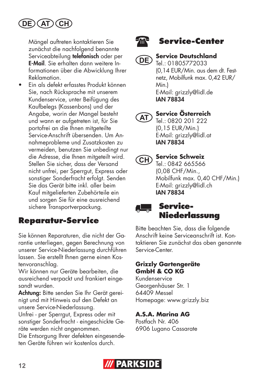 Reparatur-service, Service-center, Service- niederlassung | Parkside PNTS 1300 B2 User Manual | Page 12 / 44