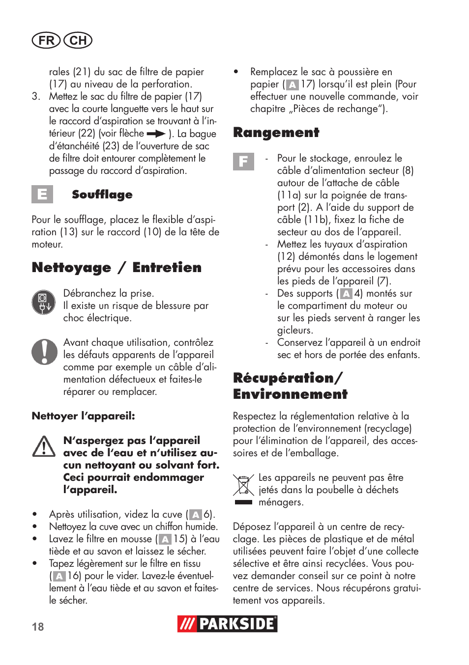 Nettoyage / entretien, Rangement, Récupération/ environnement | Fr ch | Parkside PNTS 1300 B2 User Manual | Page 18 / 44