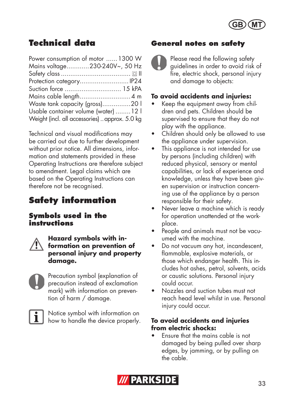 Technical data, Safety information, Mt gb | Parkside PNTS 1300 B2 User Manual | Page 33 / 52