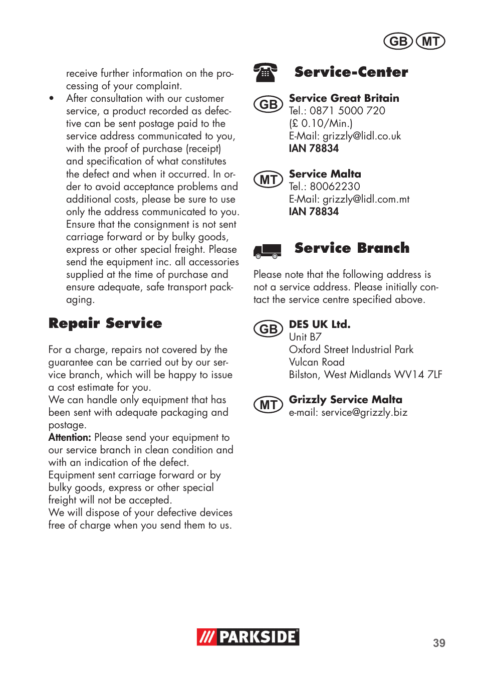 Repair service, Service-center, Service branch | Parkside PNTS 1300 B2 User Manual | Page 39 / 52
