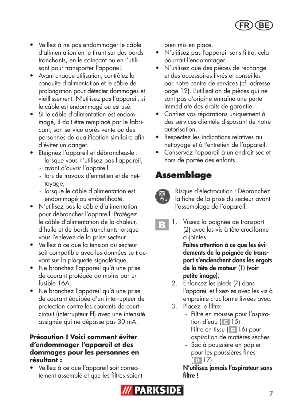 Assemblage, Fr be | Parkside PNTS 1300 B2 User Manual | Page 7 / 44