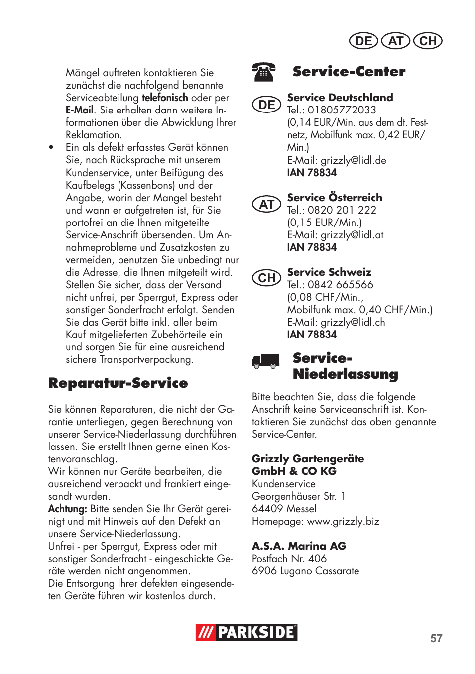Reparatur-service, Service-center, Service- niederlassung | Parkside PNTS 1300 B2 User Manual | Page 57 / 64