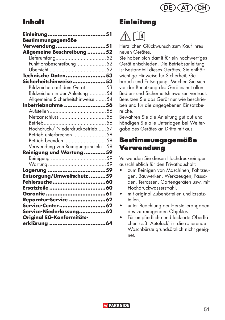 Ch at de einleitung, Bestimmungsgemäße verwendung, Inhalt | Parkside PHD 150 B2 User Manual | Page 51 / 66