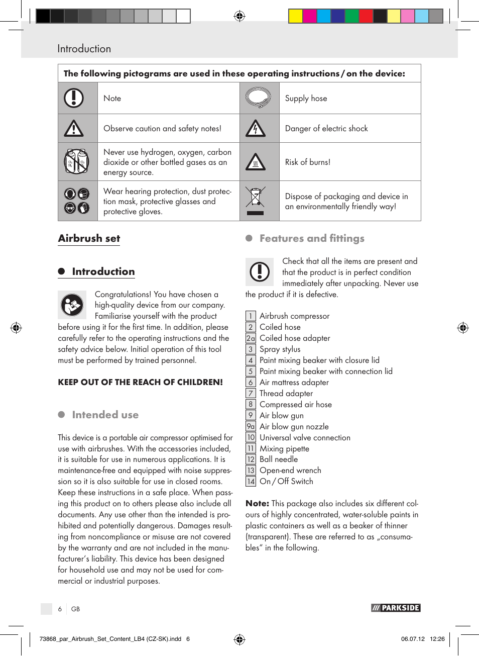 Airbrush set introduction, Intended use, Features and fittings | Parkside PABK 60 A1 User Manual | Page 6 / 45