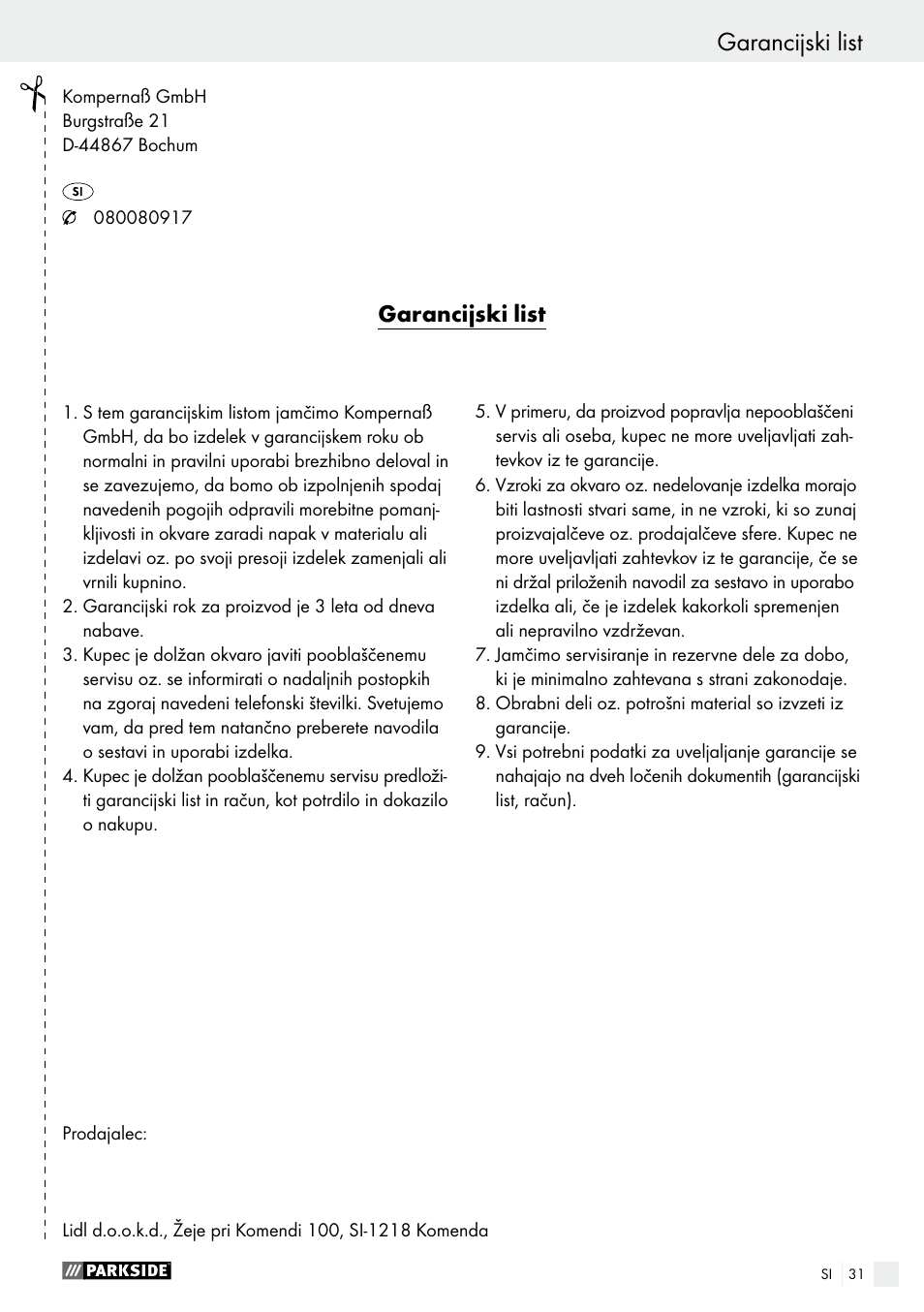 Garancijski list | Parkside PES 200 B1 User Manual | Page 31 / 58