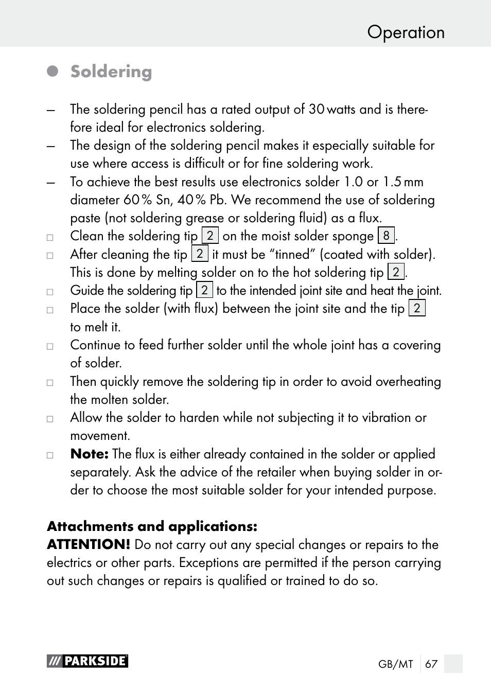 Operation, Soldering | Parkside PLBS 30 A1 User Manual | Page 67 / 90