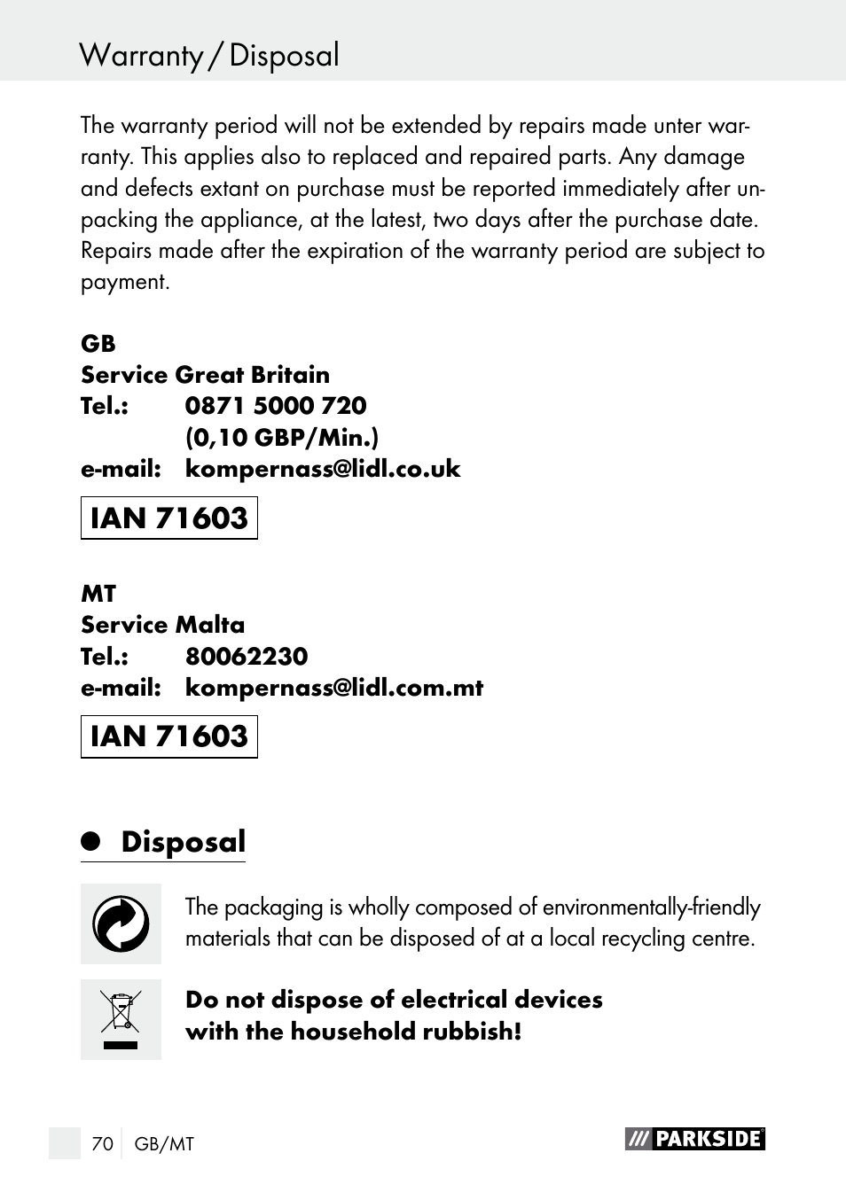 Disposal | Parkside PLBS 30 A1 User Manual | Page 70 / 90