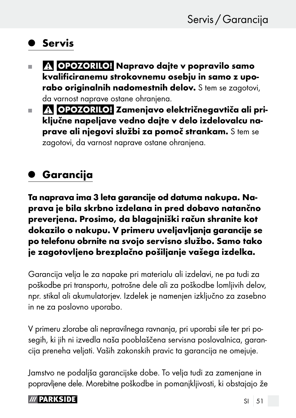 Servis / garancija zagon / vzdrževanje i čiščenje, Servis, Garancija | Parkside PLBS 30 A1 User Manual | Page 51 / 106