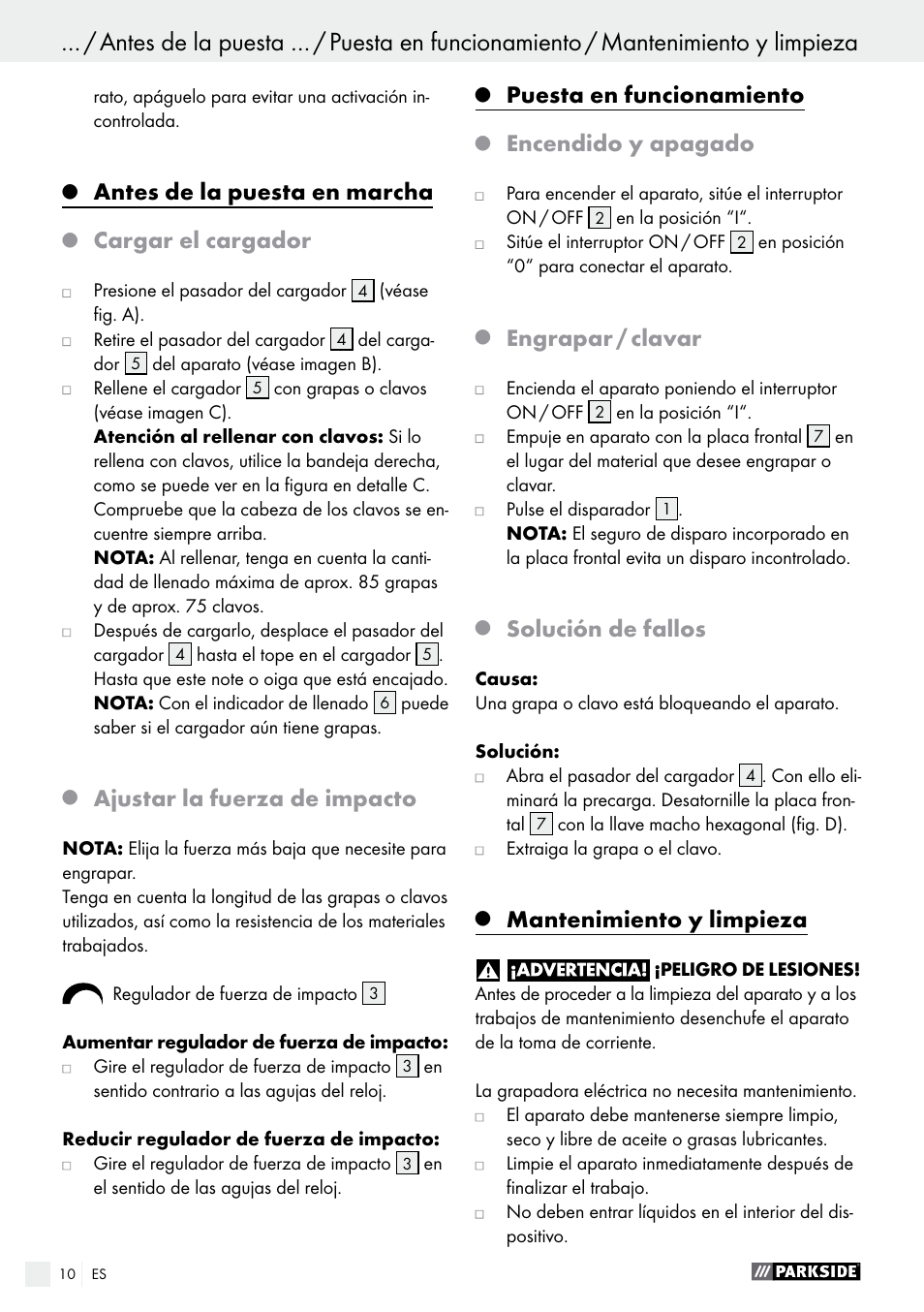 Antes de la puesta en marcha, Cargar el cargador, Ajustar la fuerza de impacto | Puesta en funcionamiento, Encendido y apagado, Engrapar / clavar, Solución de fallos, Mantenimiento y limpieza | Parkside PET 25 A1 User Manual | Page 10 / 37