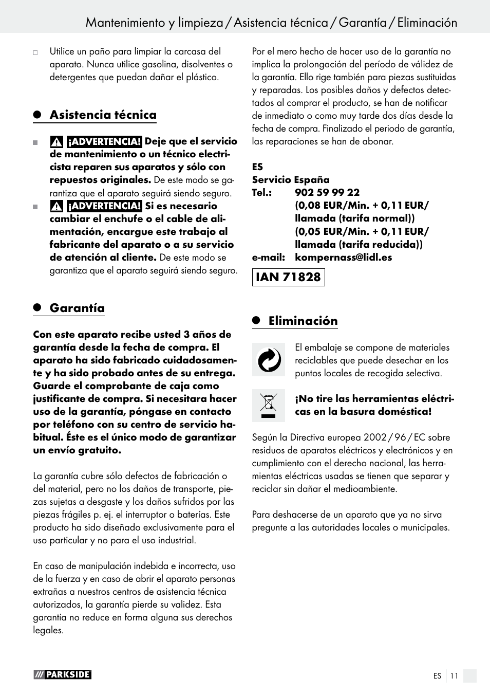 Asistencia técnica, Garantía, Eliminación | Parkside PET 25 A1 User Manual | Page 11 / 37