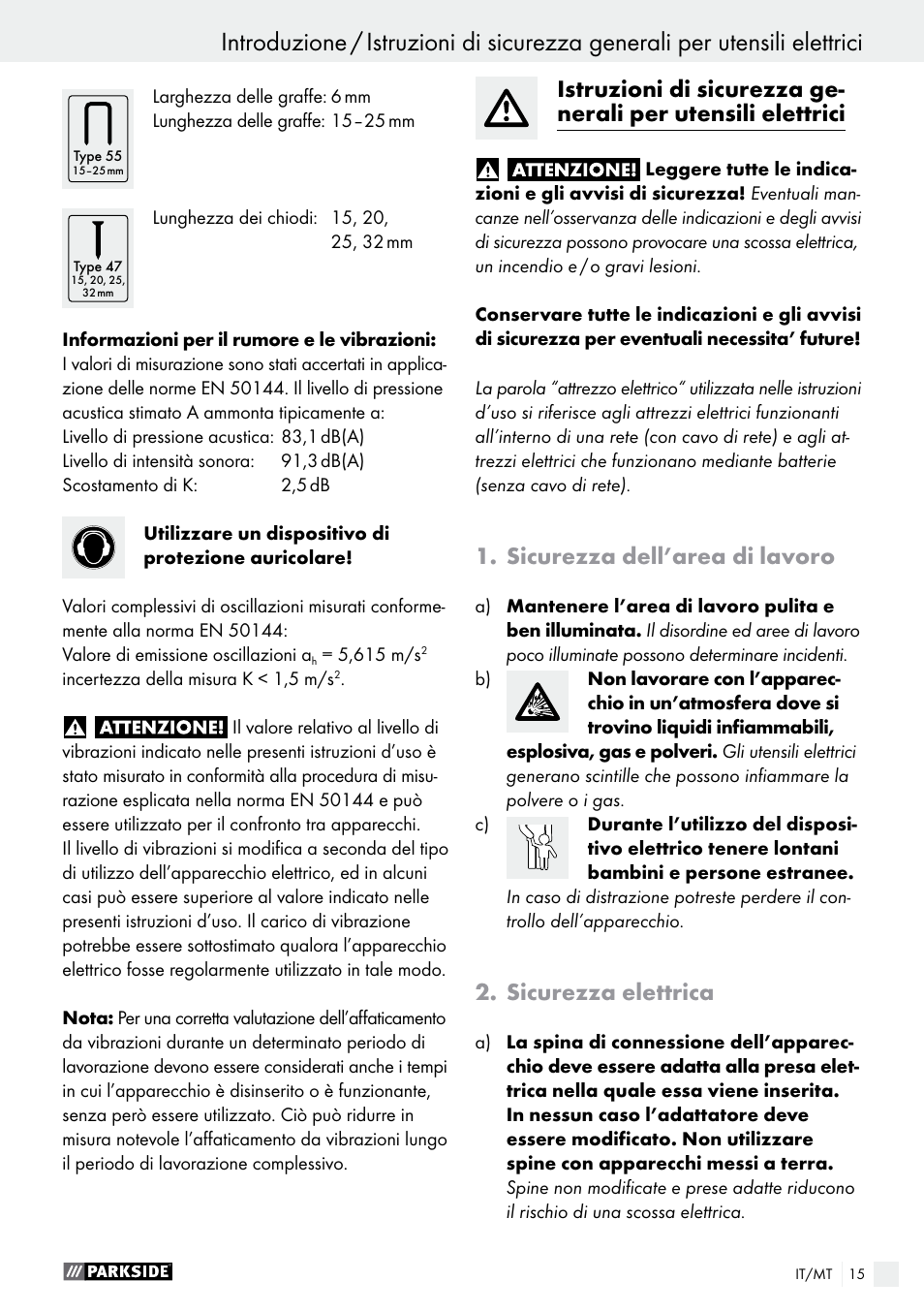 Sicurezza dell’area di lavoro, Sicurezza elettrica | Parkside PET 25 A1 User Manual | Page 15 / 37