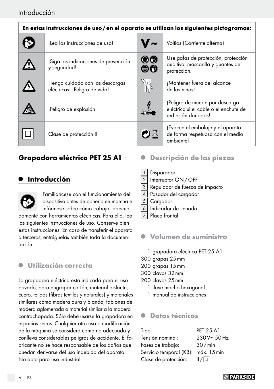Grapadora eléctrica pet 25 a1, Introducción, Utilización correcta | Descripción de las piezas, Volumen de suministro, Datos técnicos | Parkside PET 25 A1 User Manual | Page 6 / 37