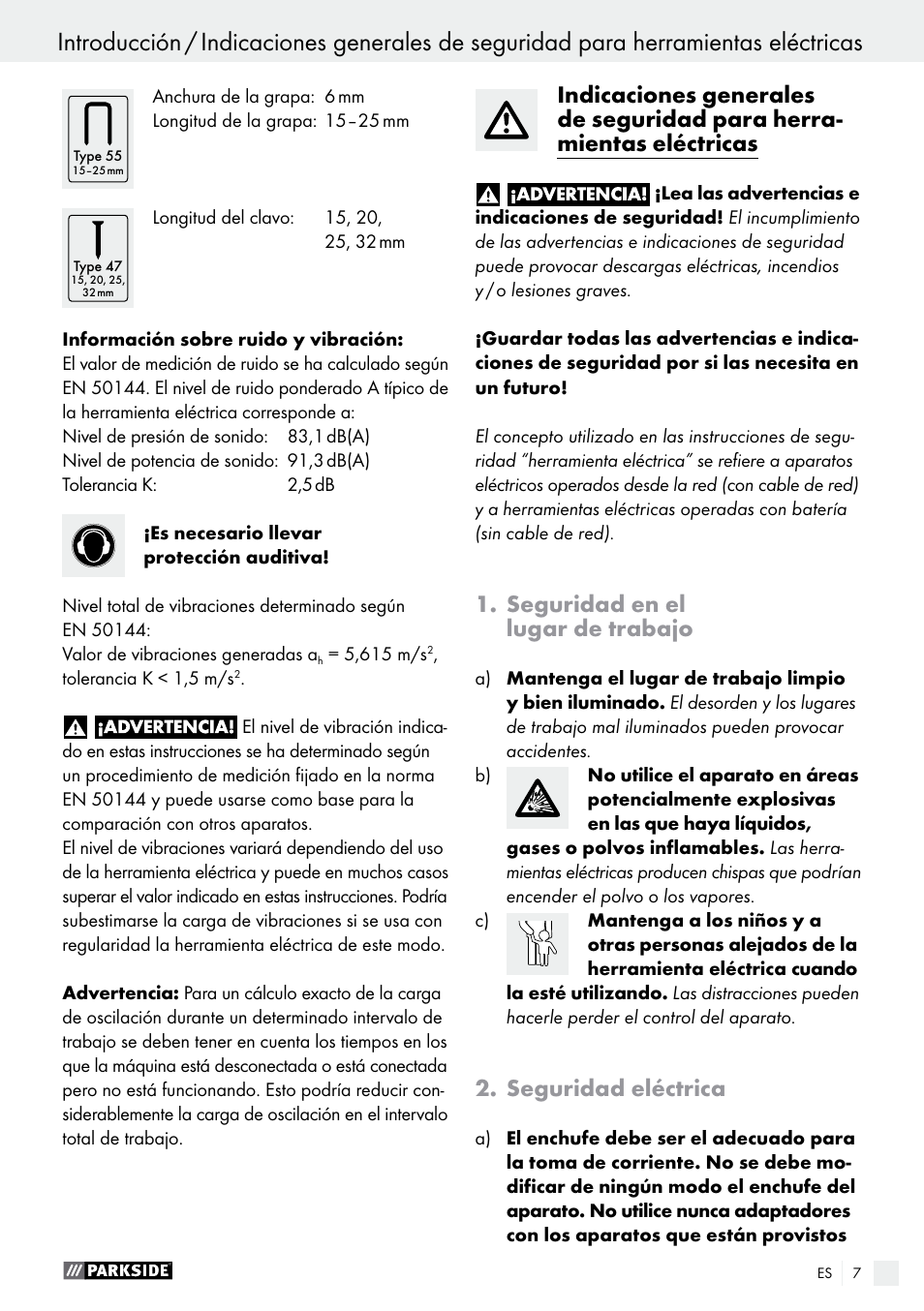Seguridad en el lugar de trabajo, Seguridad eléctrica | Parkside PET 25 A1 User Manual | Page 7 / 37