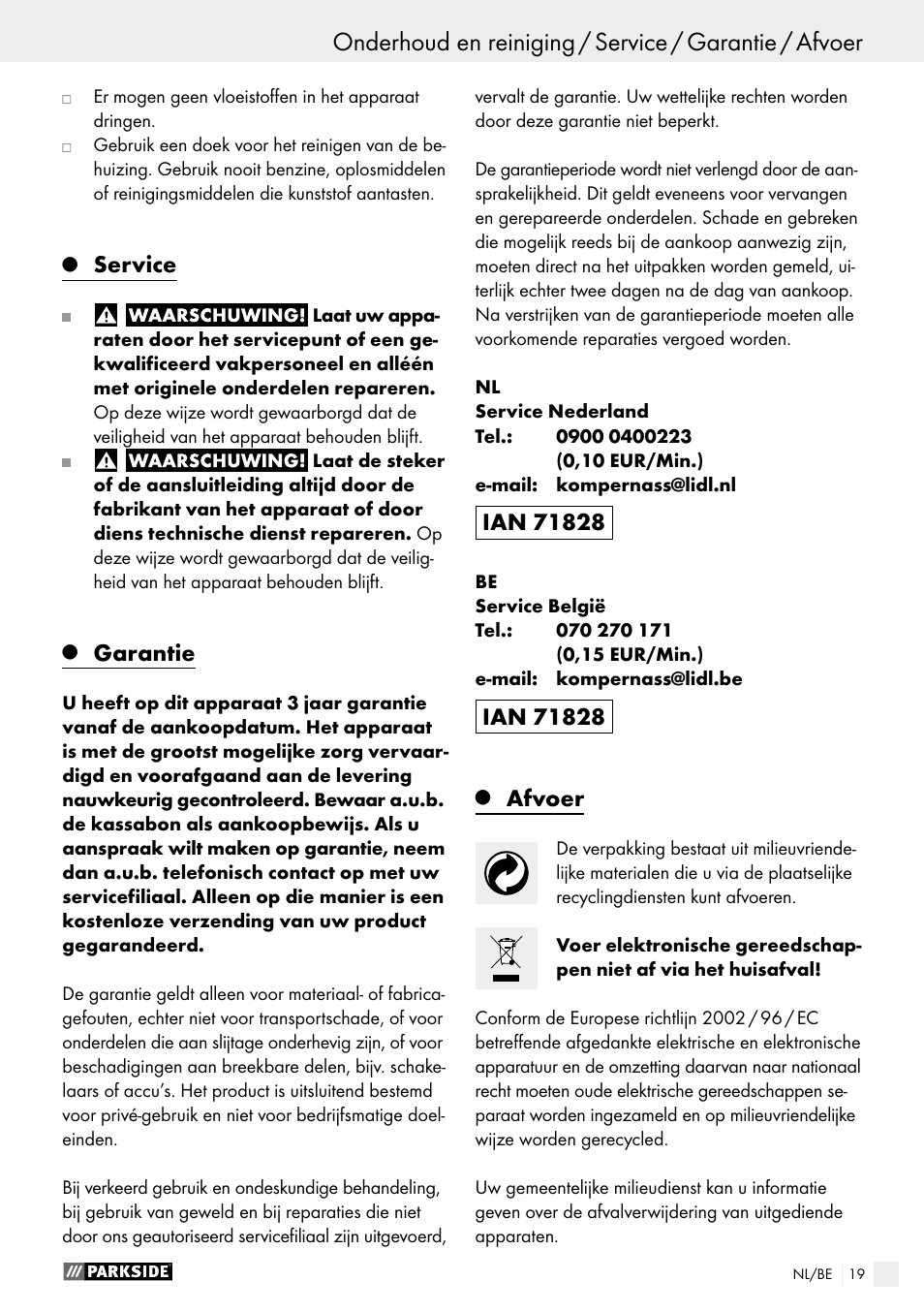 Service, Garantie, Afvoer | Parkside PET 25 A1 User Manual | Page 19 / 37