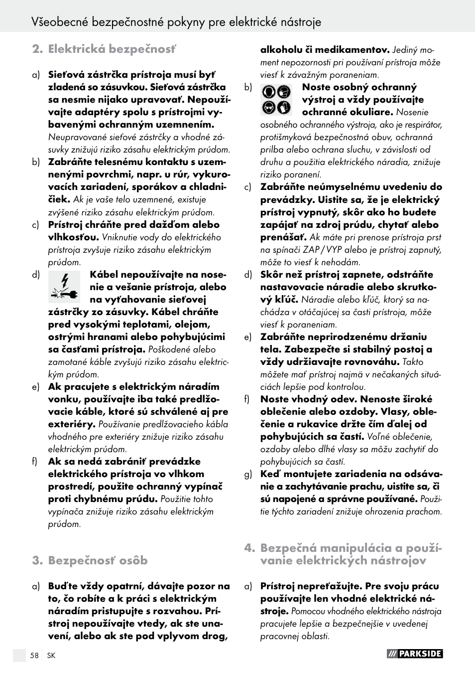Elektrická bezpečnosť, Bezpečnosť osôb | Parkside PEH 30 A1 User Manual | Page 58 / 75
