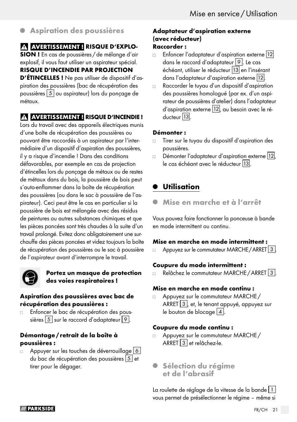 Aspiration des poussières, Utilisation, Mise en marche et à l‘arrêt | Sélection du régime et de l‘abrasif | Parkside PBS 600 A1 User Manual | Page 21 / 45