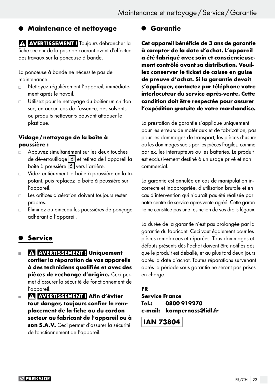 Maintenance et nettoyage, Service, Garantie | Parkside PBS 600 A1 User Manual | Page 23 / 45