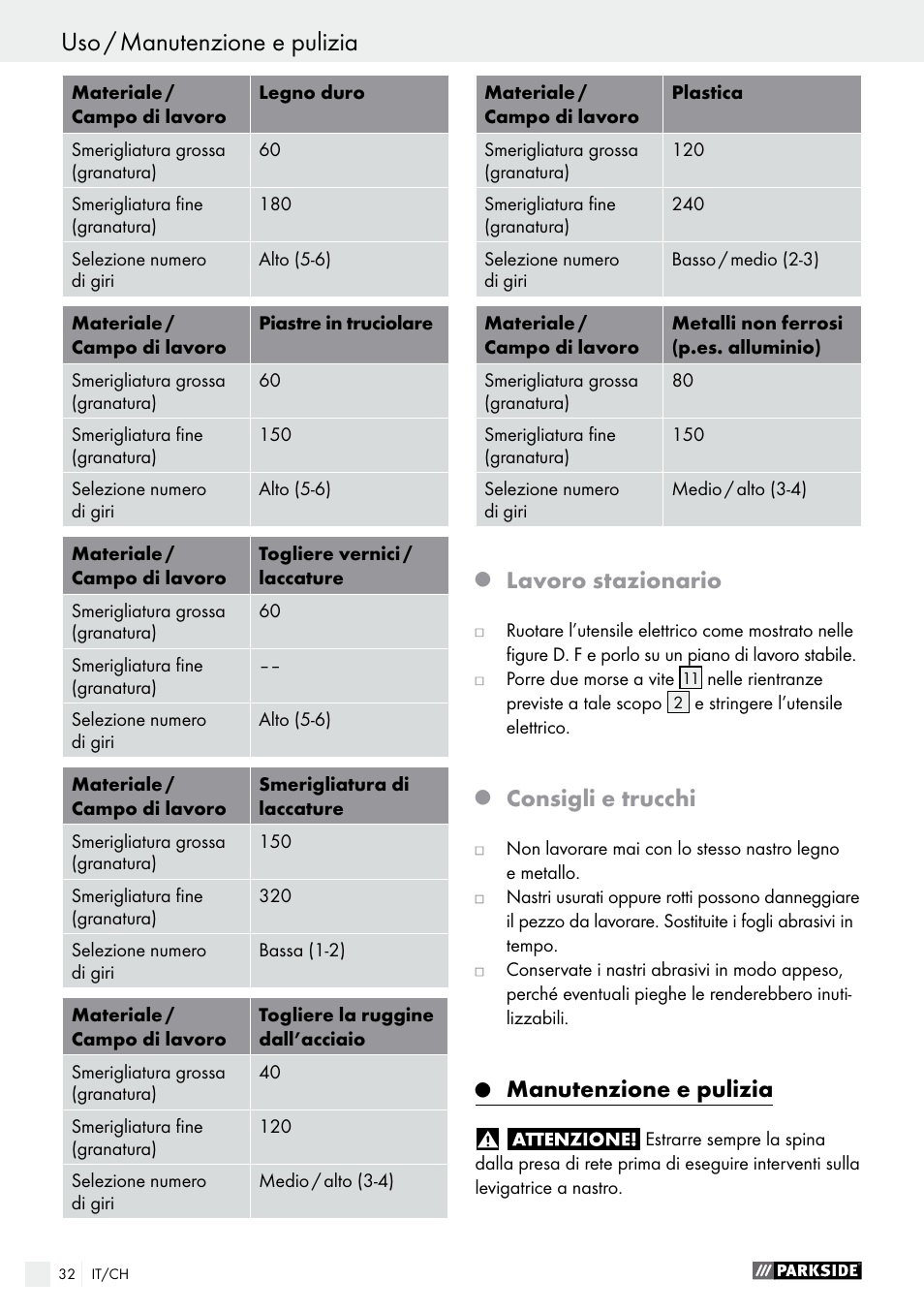 Lavoro stazionario, Consigli e trucchi, Manutenzione e pulizia | Parkside PBS 600 A1 User Manual | Page 32 / 45