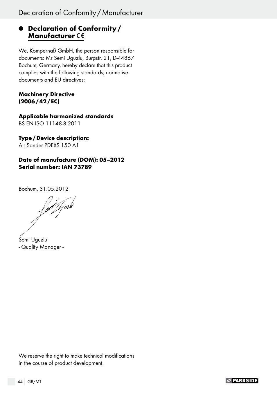 Parkside PDEXS 150 A1 User Manual | Page 44 / 56
