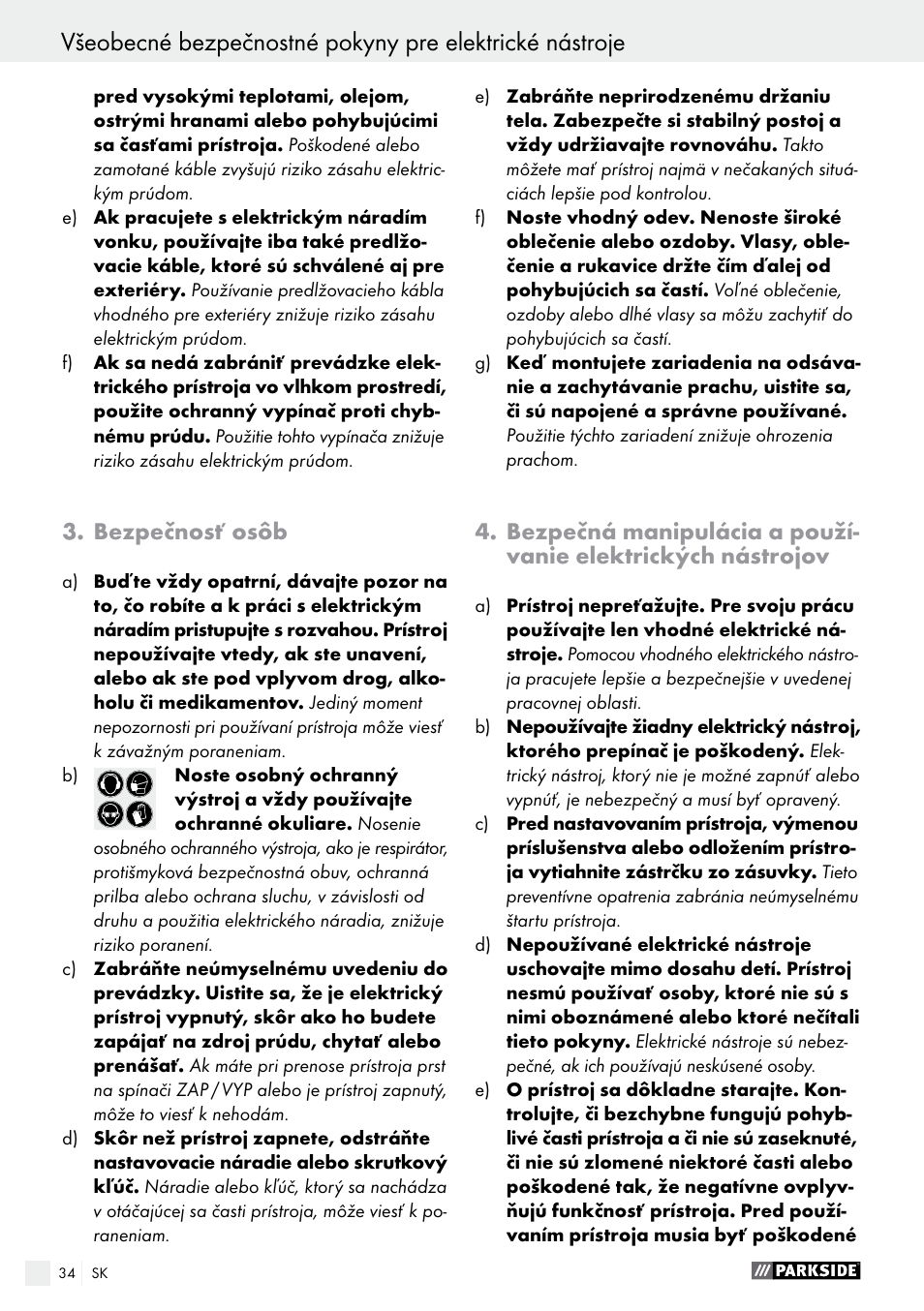 Bezpečnosť osôb | Parkside PDS 290 A1 User Manual | Page 34 / 48