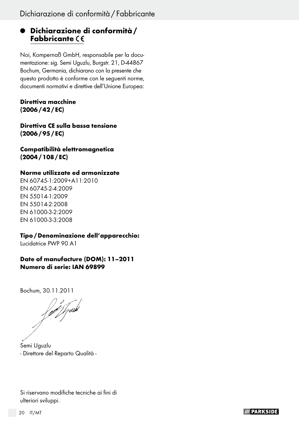 Índice, Dichiarazione di conformità / fabbricante | Parkside PWP 90 A1 User Manual | Page 20 / 45