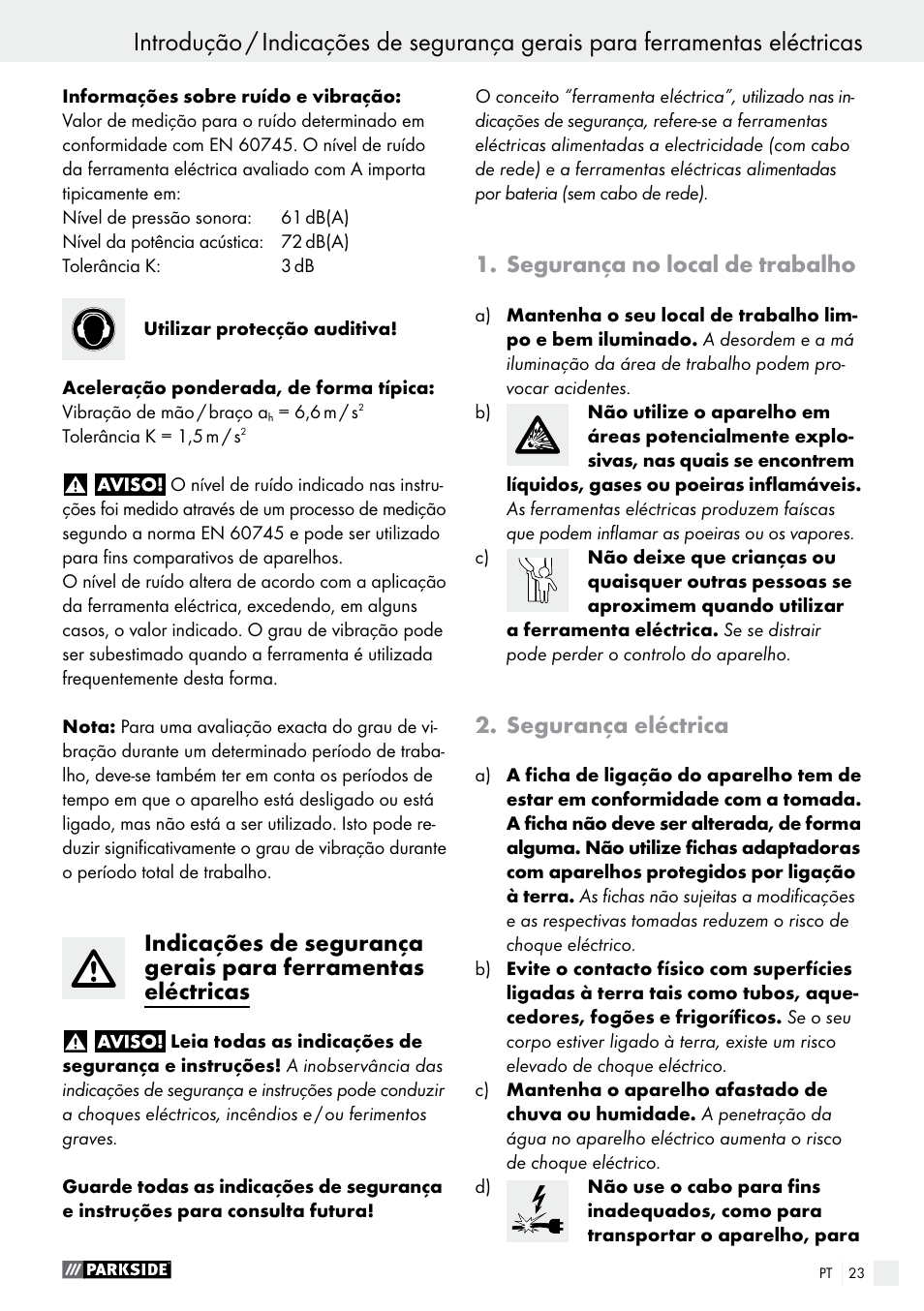 Segurança no local de trabalho, Segurança eléctrica | Parkside PWP 90 A1 User Manual | Page 23 / 45