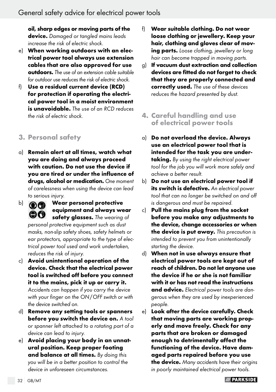 General safety advice for electrical power tools, Personal safety, Careful handling and use of electrical power tools | Parkside PWP 90 A1 User Manual | Page 32 / 45