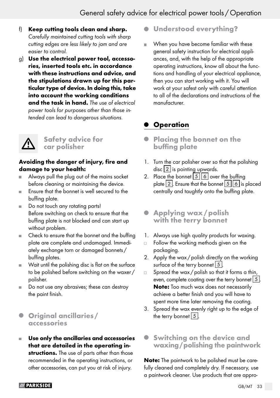 General safety advice for electrical power tools, Safety advice for car polisher, Original ancillaries / accessories | Understood everything, Operation, Placing the bonnet on the buffing plate, Applying wax / polish with the terry bonnet | Parkside PWP 90 A1 User Manual | Page 33 / 45