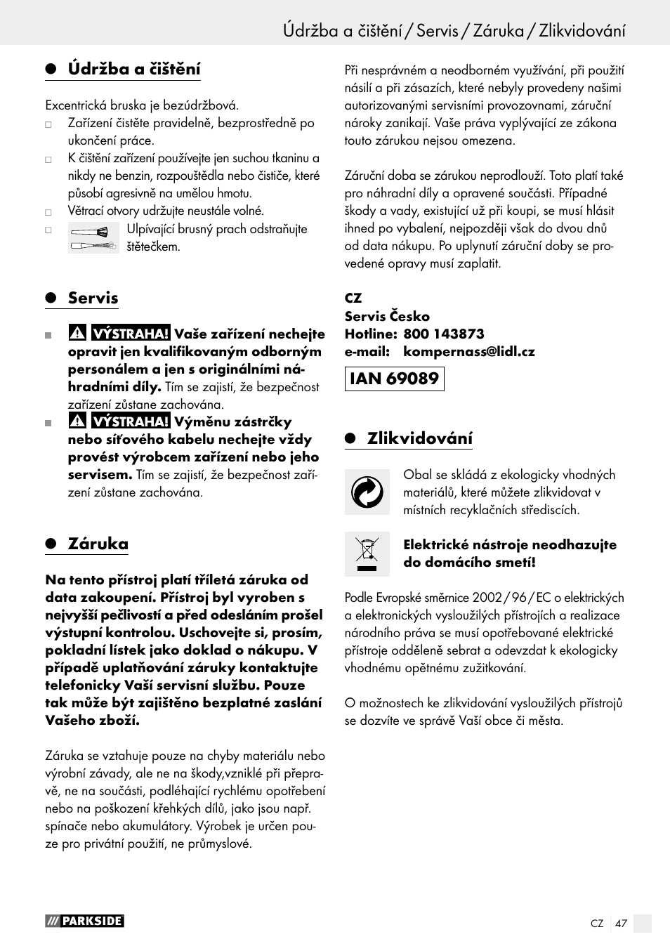 Údržba a čištění / servis / záruka / zlikvidování, Údržba a čištění, Servis | Záruka, Zlikvidování | Parkside PEXS 270 A1 User Manual | Page 47 / 66