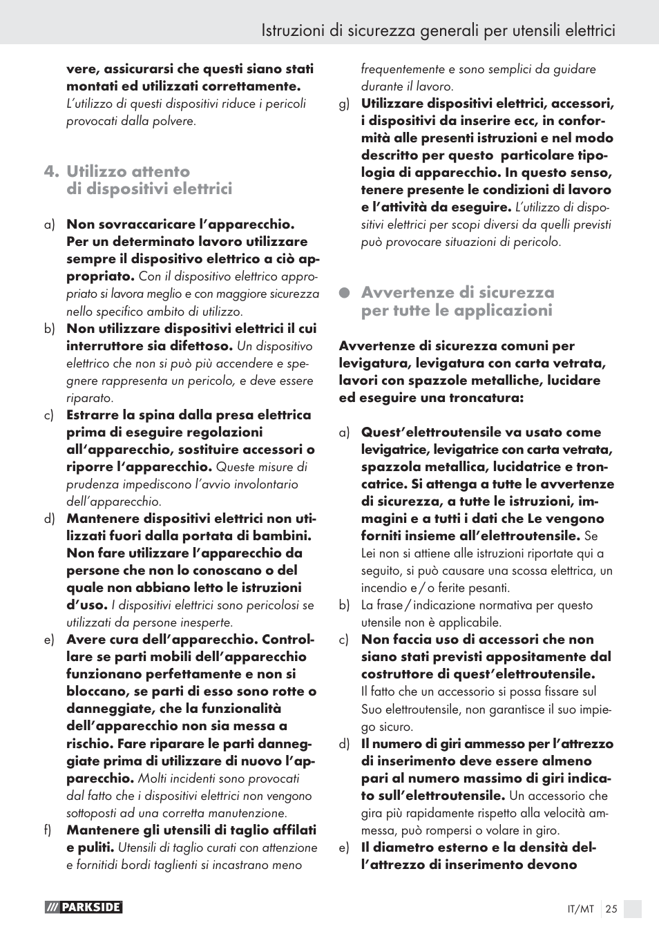 Utilizzo attento di dispositivi elettrici, Avvertenze di sicurezza per tutte le applicazioni | Parkside PWS 125 A1 User Manual | Page 27 / 85