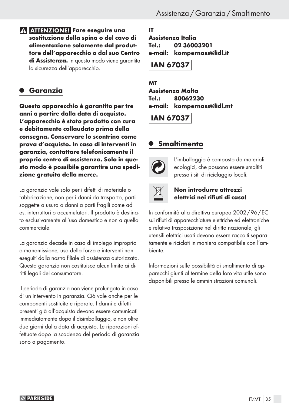 Assistenza / garanzia / smaltimento, Garanzia, Smaltimento | Parkside PWS 125 A1 User Manual | Page 37 / 85