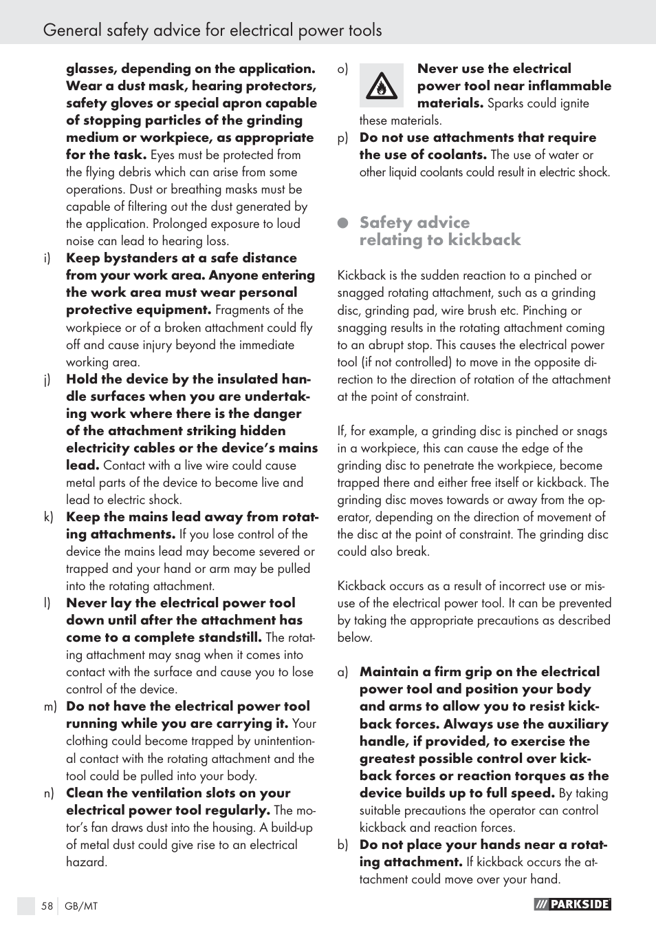 General safety advice for electrical power tools, Safety advice relating to kickback | Parkside PWS 125 A1 User Manual | Page 60 / 85