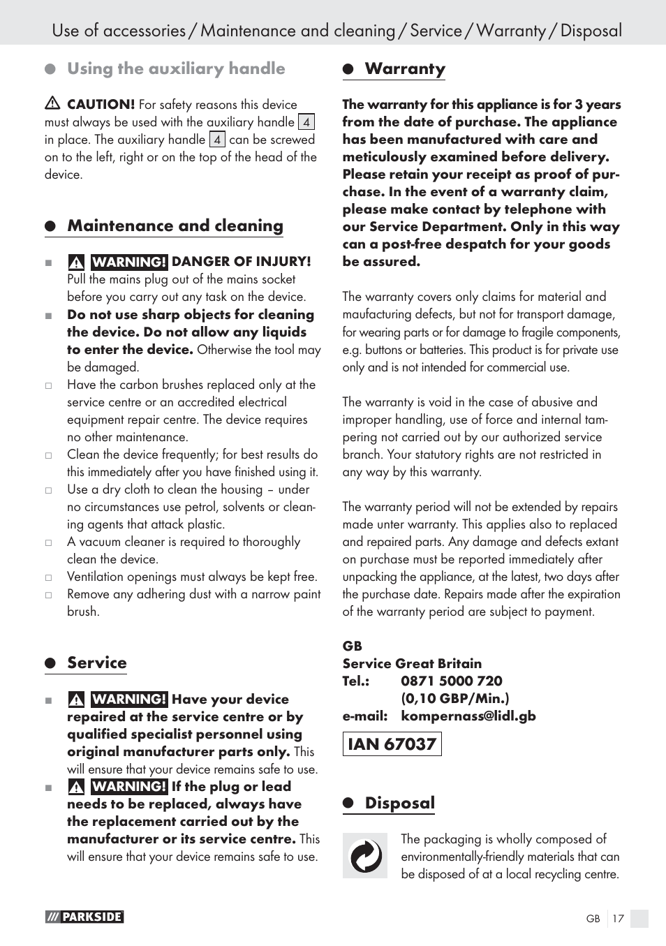Using the auxiliary handle, Maintenance and cleaning, Service | Warranty, Disposal | Parkside PWS 125 A1 User Manual | Page 19 / 113