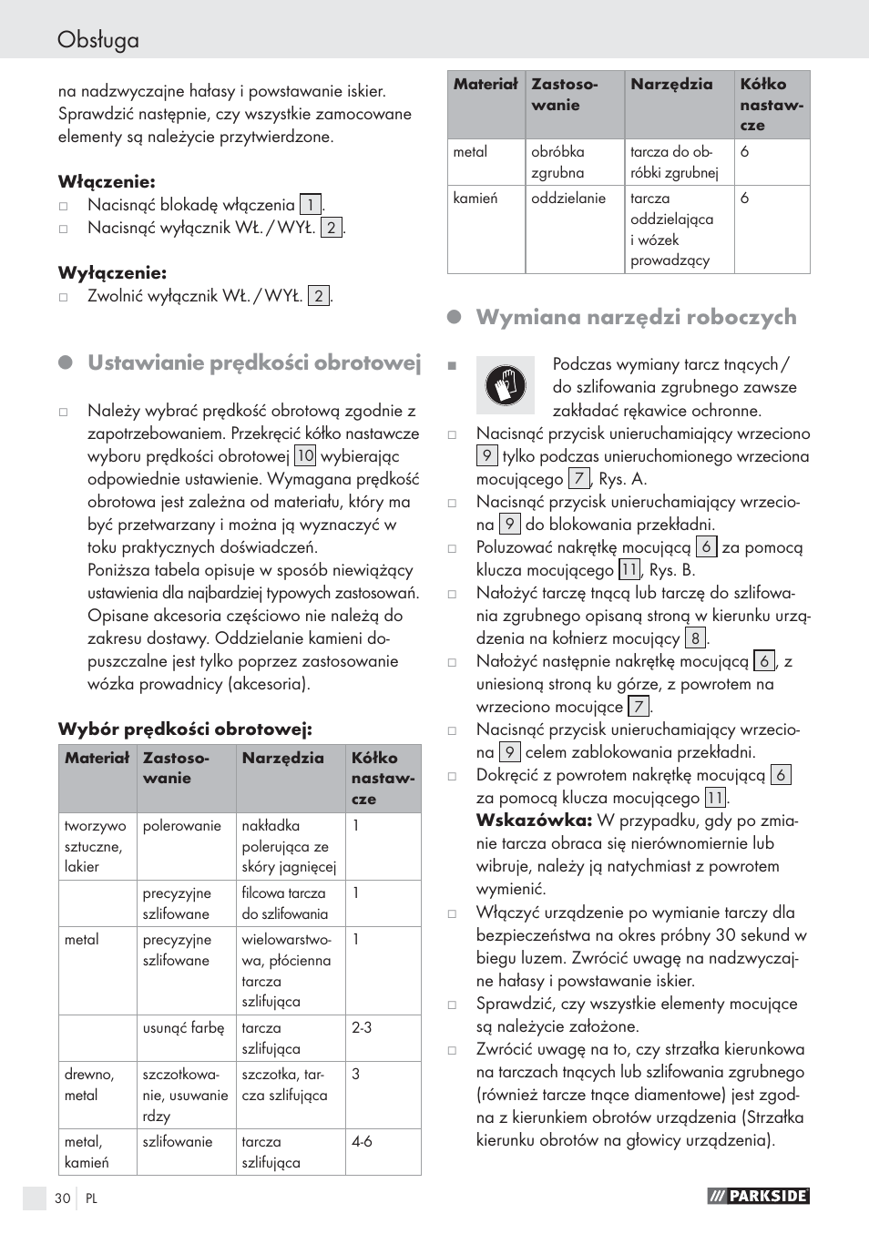 Obsługa, Ustawianie prędkości obrotowej, Wymiana narzędzi roboczych | Parkside PWS 125 A1 User Manual | Page 32 / 113