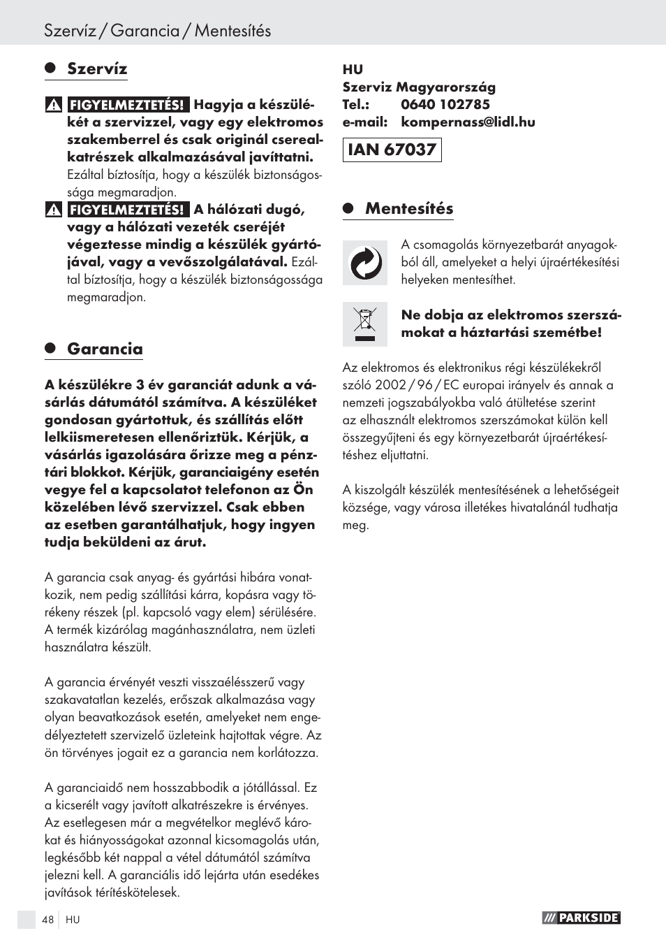 Szervíz / garancia / mentesítés, Szervíz, Garancia | Mentesítés | Parkside PWS 125 A1 User Manual | Page 50 / 113