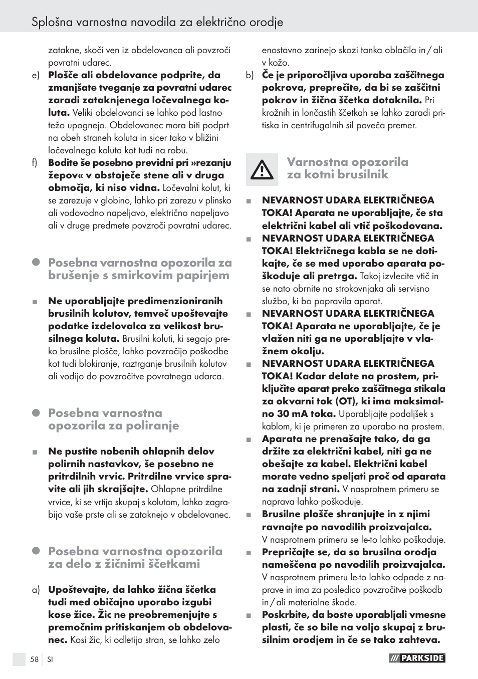 Splošna varnostna navodila za električno orodje, Posebna varnostna opozorila za poliranje, Varnostna opozorila za kotni brusilnik | Parkside PWS 125 A1 User Manual | Page 60 / 113