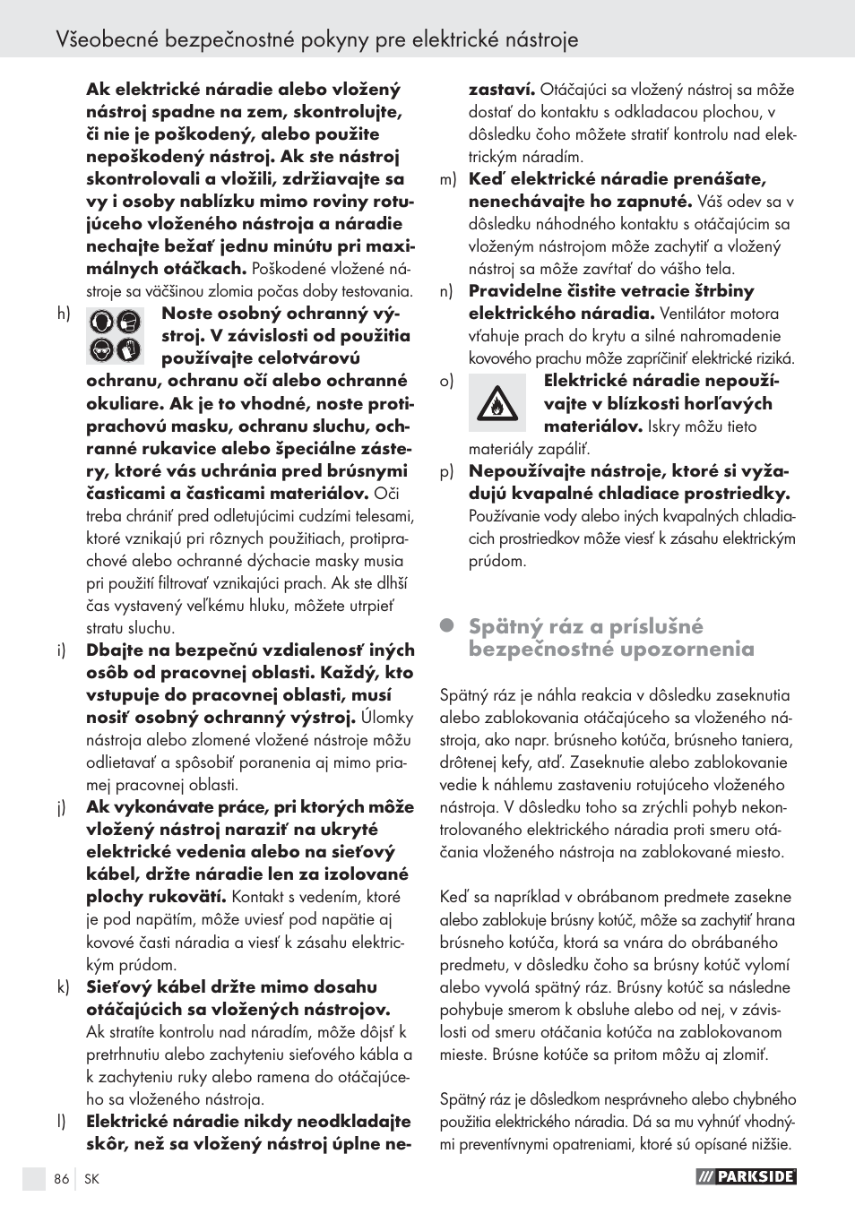 Spätný ráz a príslušné bezpečnostné upozornenia | Parkside PWS 125 A1 User Manual | Page 88 / 113
