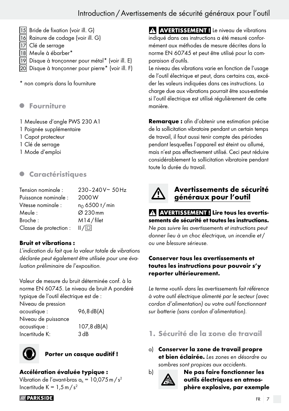 Fourniture, Caractéristiques, Avertissements de sécurité généraux pour l’outil | Sécurité de la zone de travail | Parkside PWS 230 A1 User Manual | Page 7 / 46