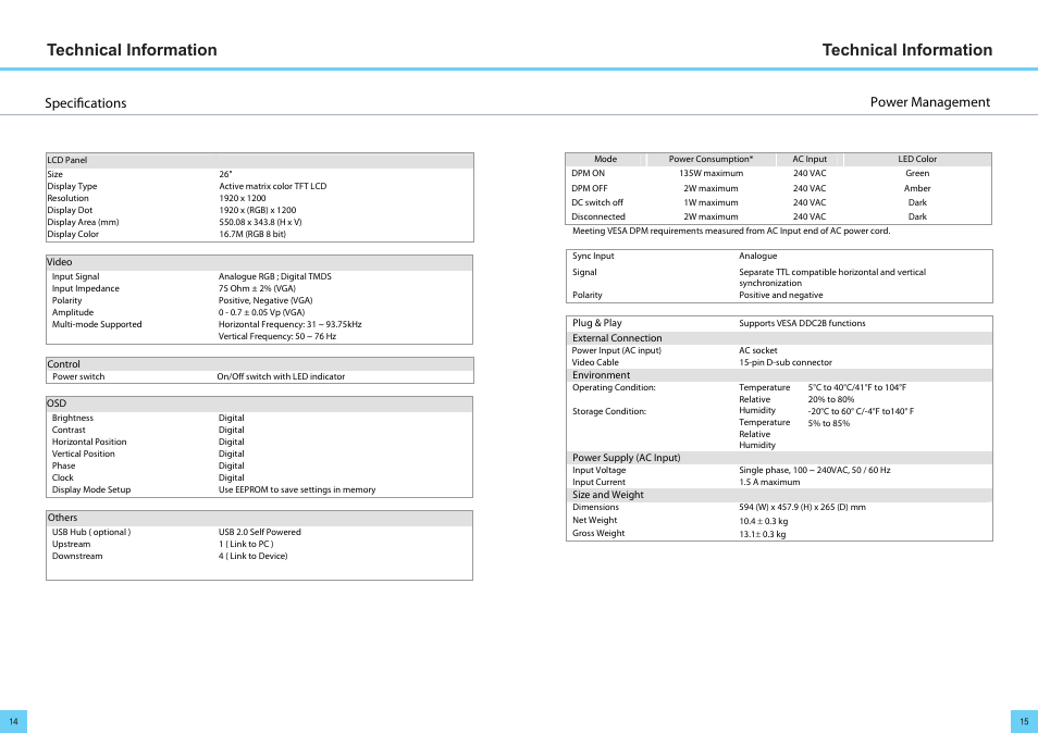 Technical information, Power management specifications | DoubleSight Displays DoubleSight DS-263N User Manual | Page 9 / 11