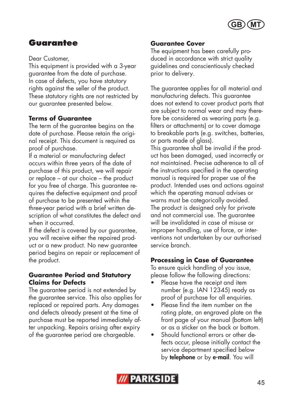Guarantee, Gb mt | Parkside PNTS 1500 B2 User Manual | Page 45 / 52