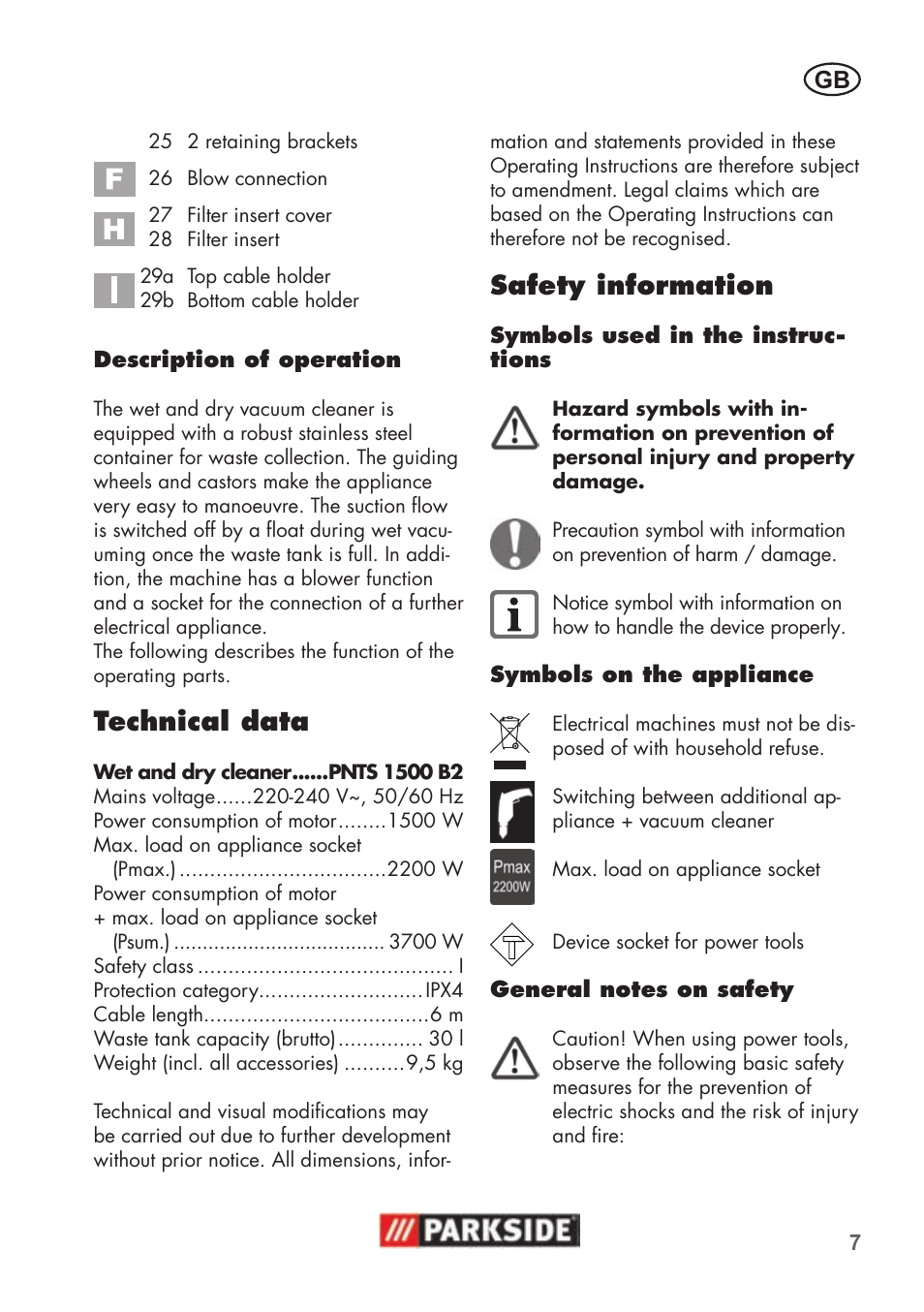 Technical data, Safety information | Parkside PNTS 1500 B2 User Manual | Page 7 / 52
