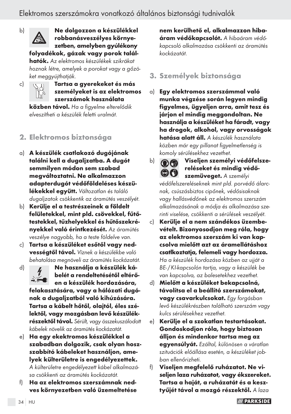 Elektromos biztonsága, Személyek biztonsága | Parkside PHKS 1300 A1 User Manual | Page 36 / 97