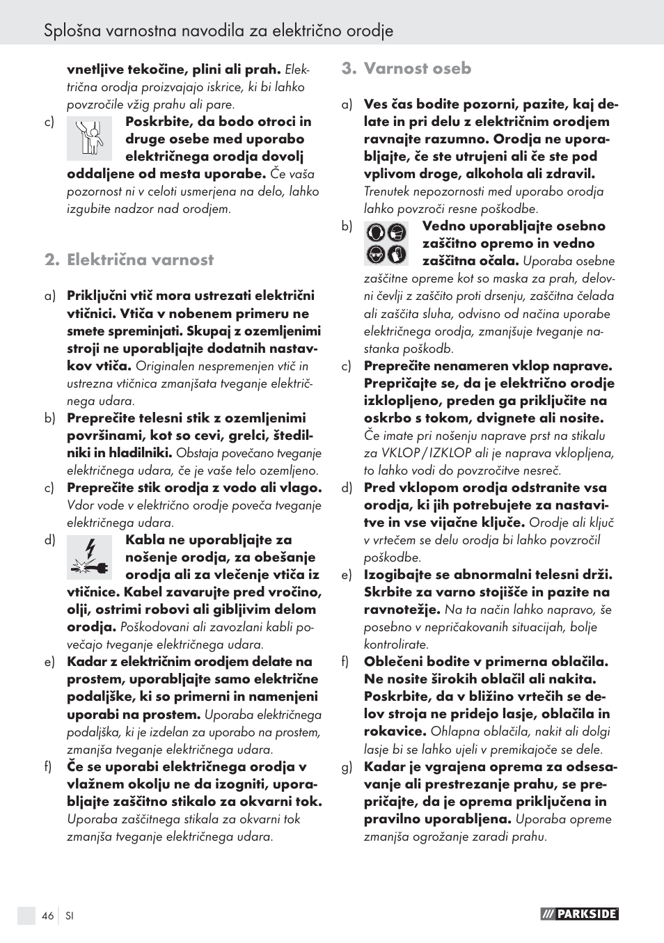 Splošna varnostna navodila za električno orodje, Električna varnost, Varnost oseb | Parkside PHKS 1300 A1 User Manual | Page 48 / 97