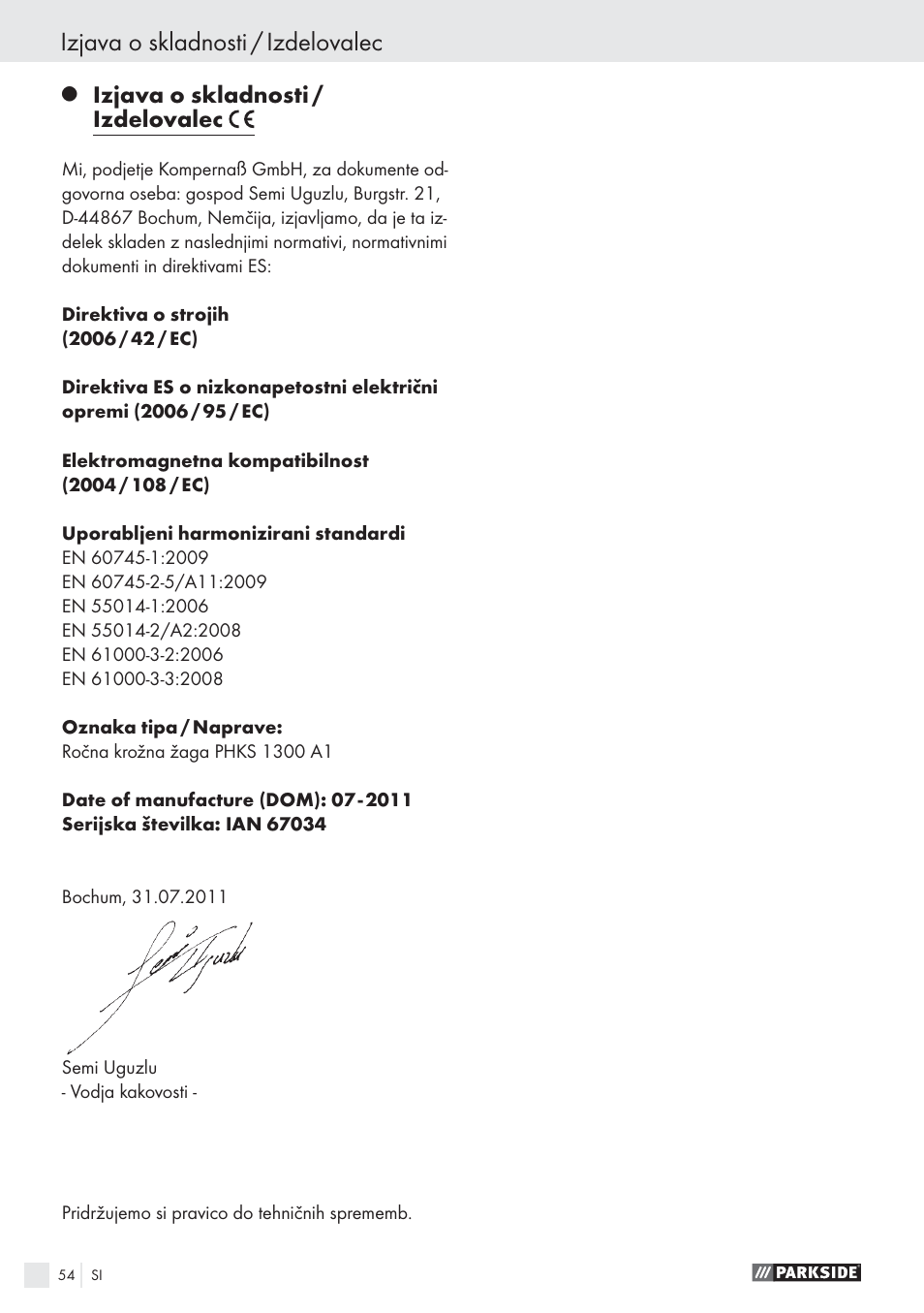 Izjava o skladnosti / izdelovalec | Parkside PHKS 1300 A1 User Manual | Page 56 / 97