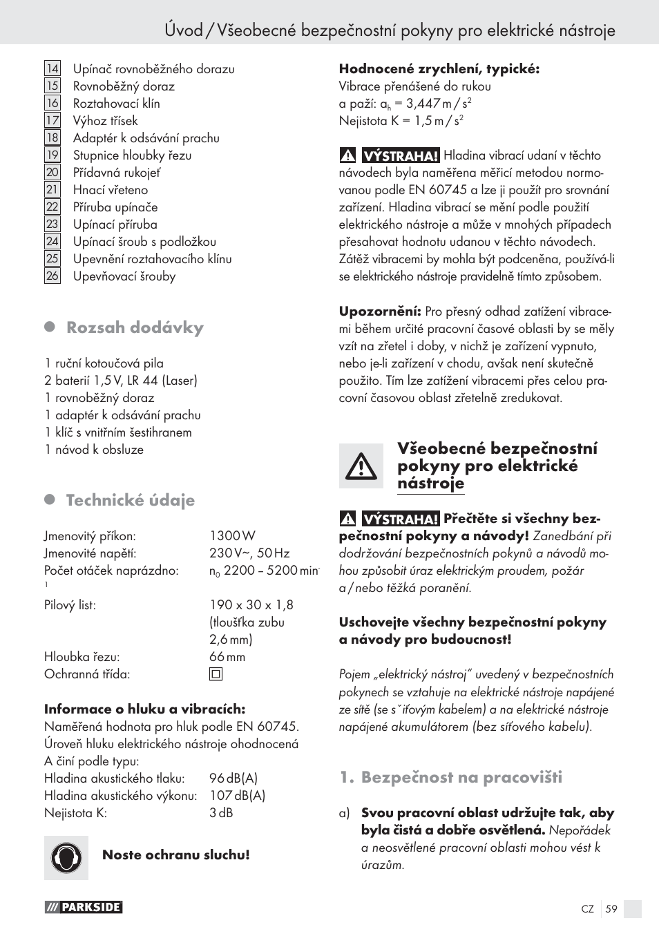 Rozsah dodávky, Technické údaje, Bezpečnost na pracovišti | Parkside PHKS 1300 A1 User Manual | Page 61 / 97